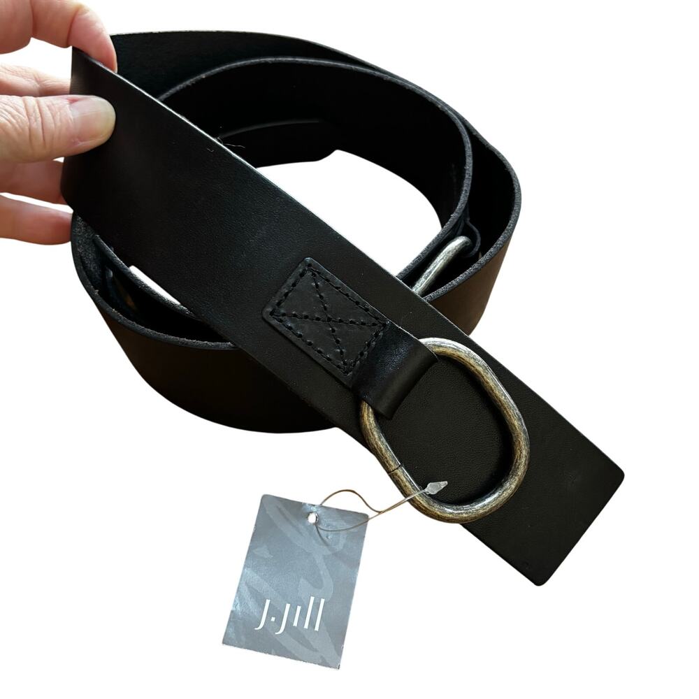 J Jill NWT black leather belt double silvertone buckle size L edgy classic